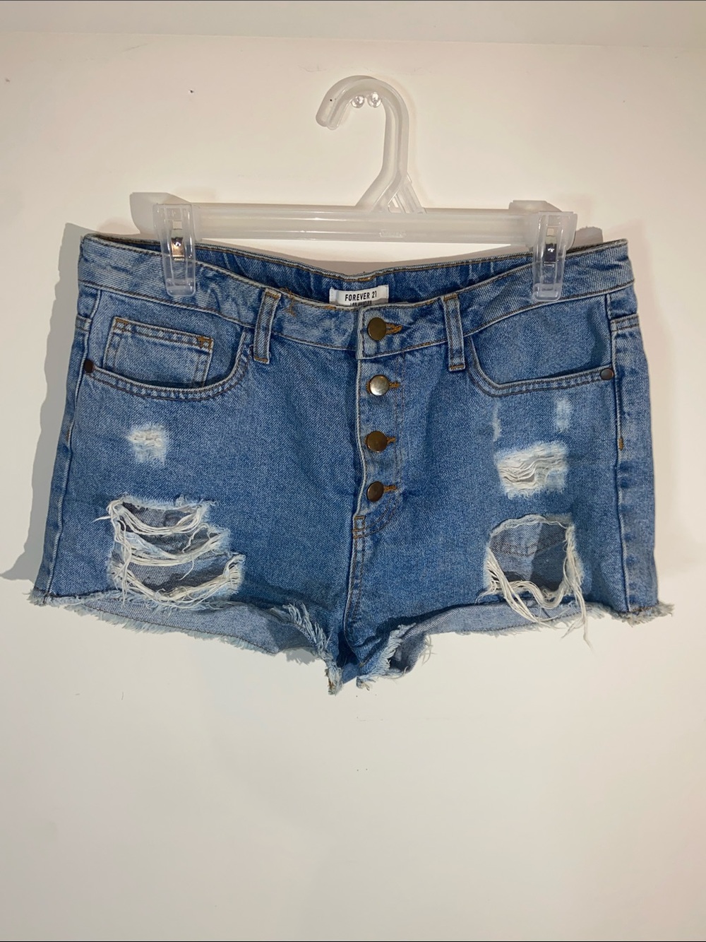 Forever 21 Medium Wash Blue Distressed Denim Cutoff Shorts Size 30